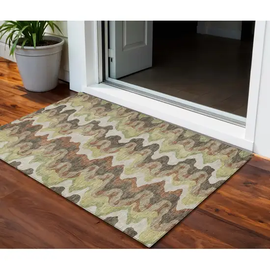 Chocolate Copper And Artichoke Green Abstract Washable Indoor Outdoor Area Rug Photo 1
