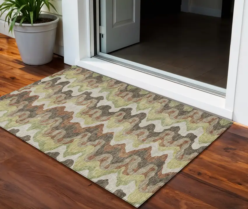 Chocolate Copper And Artichoke Green Abstract Washable Indoor Outdoor Area Rug Photo 1