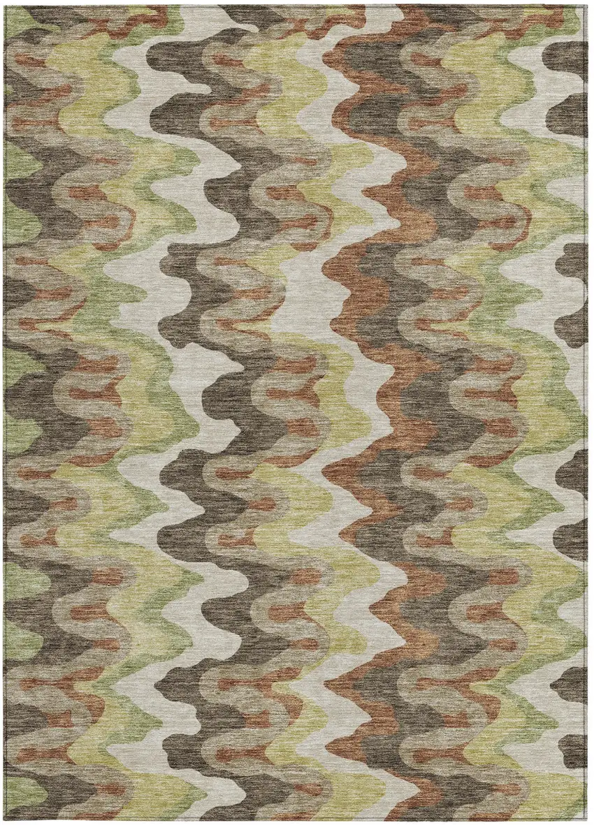 Chocolate Copper And Artichoke Green Abstract Washable Indoor Outdoor Area Rug Photo 5