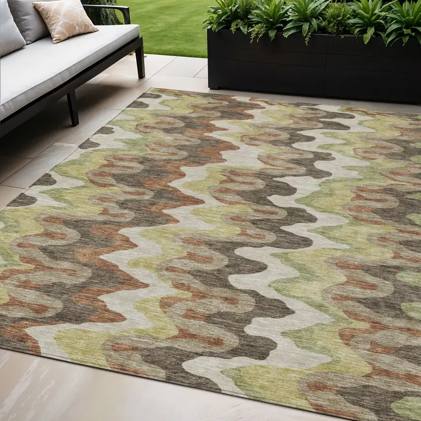 Chocolate Copper And Artichoke Green Abstract Washable Indoor Outdoor Area Rug Photo 1