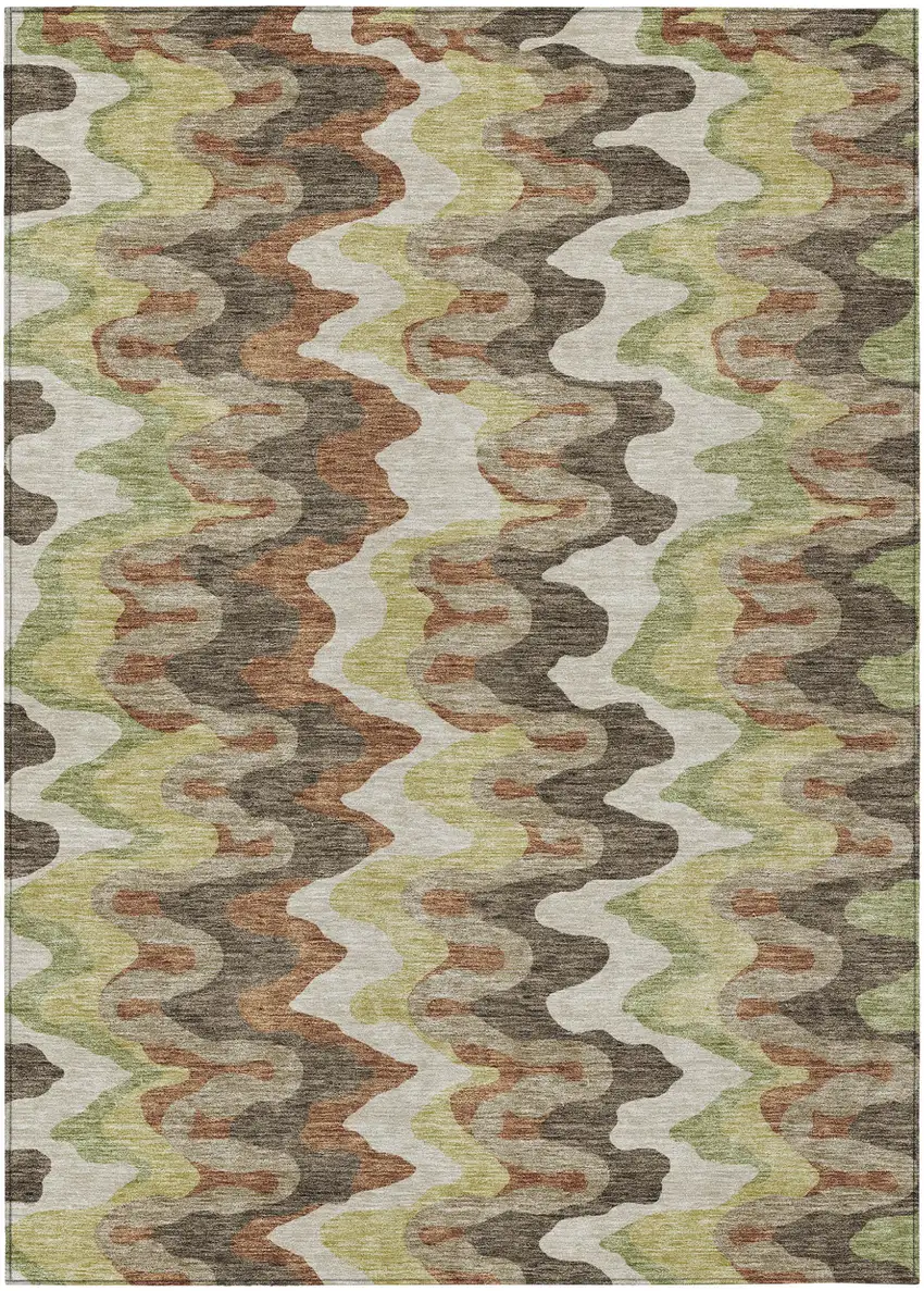 Chocolate Copper And Artichoke Green Abstract Washable Indoor Outdoor Area Rug Photo 1