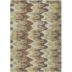Photo of Chocolate Copper And Artichoke Green Abstract Washable Indoor Outdoor Area Rug