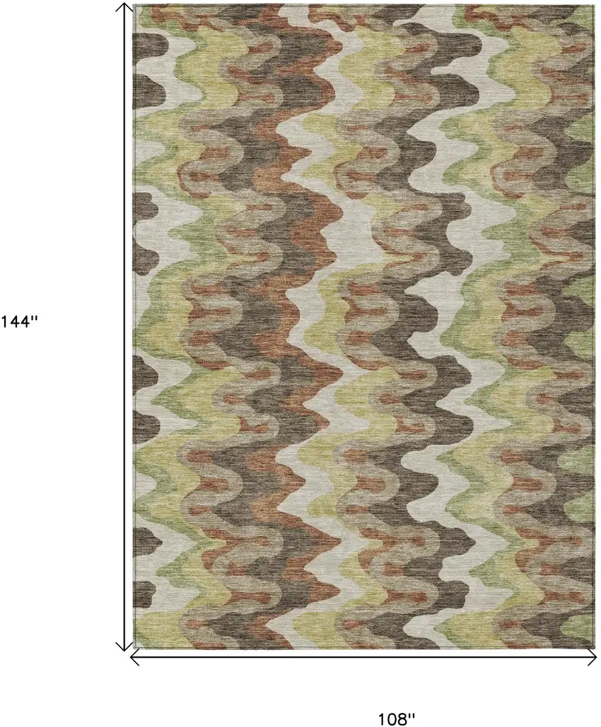 Chocolate Copper And Artichoke Green Abstract Washable Indoor Outdoor Area Rug Photo 7