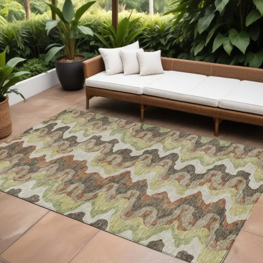 Chocolate Copper And Artichoke Green Abstract Washable Indoor Outdoor Area Rug Photo 1