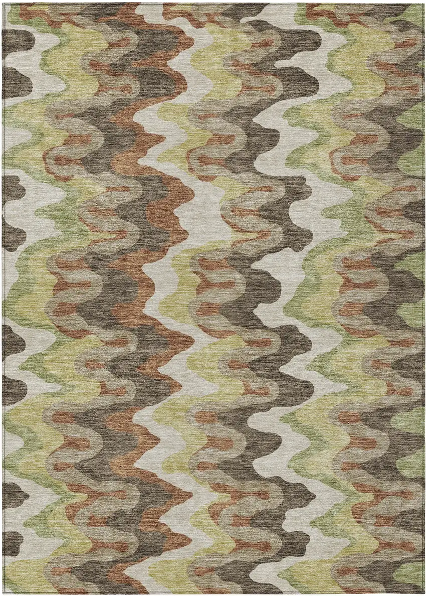 Chocolate Copper And Artichoke Green Abstract Washable Indoor Outdoor Area Rug Photo 1