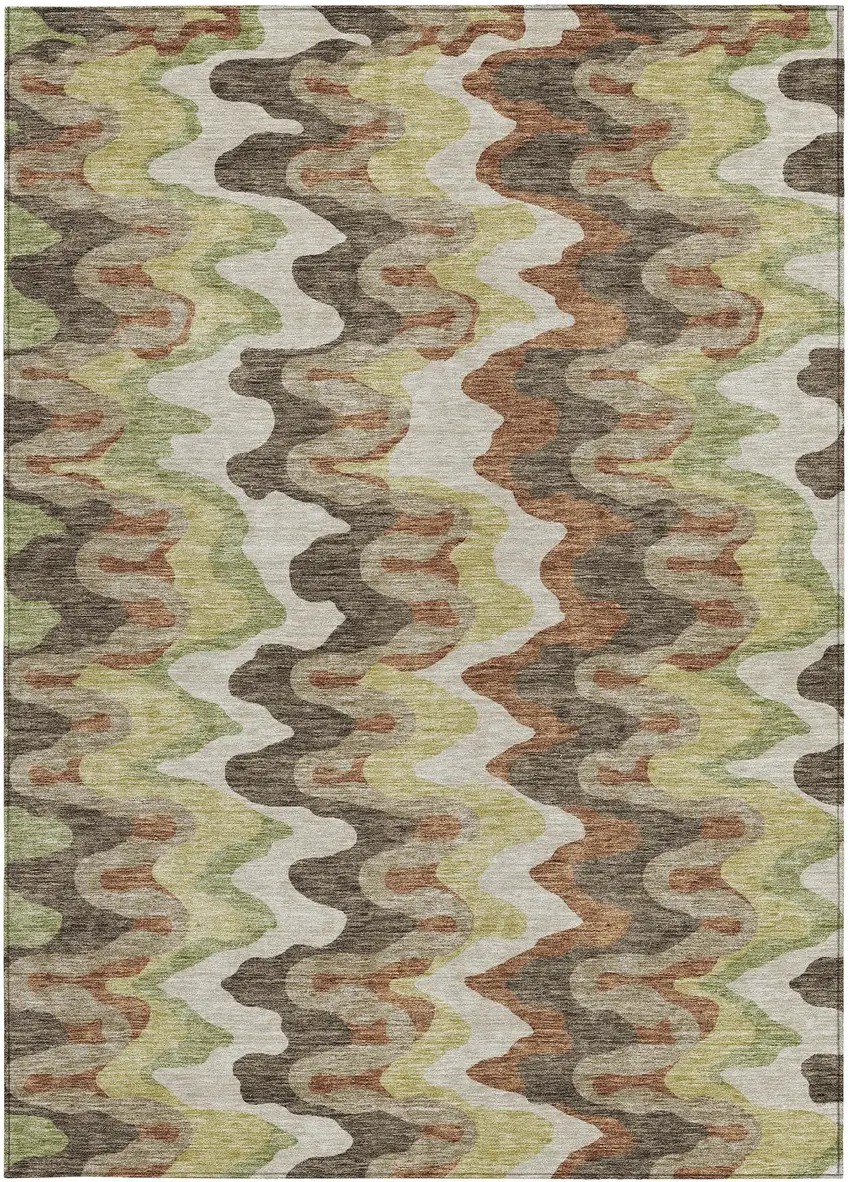 Chocolate Copper And Artichoke Green Abstract Washable Indoor Outdoor Area Rug Photo 5