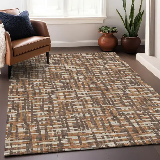 Chocolate Copper And Beige Abstract Washable Indoor Outdoor Area Rug Photo 9