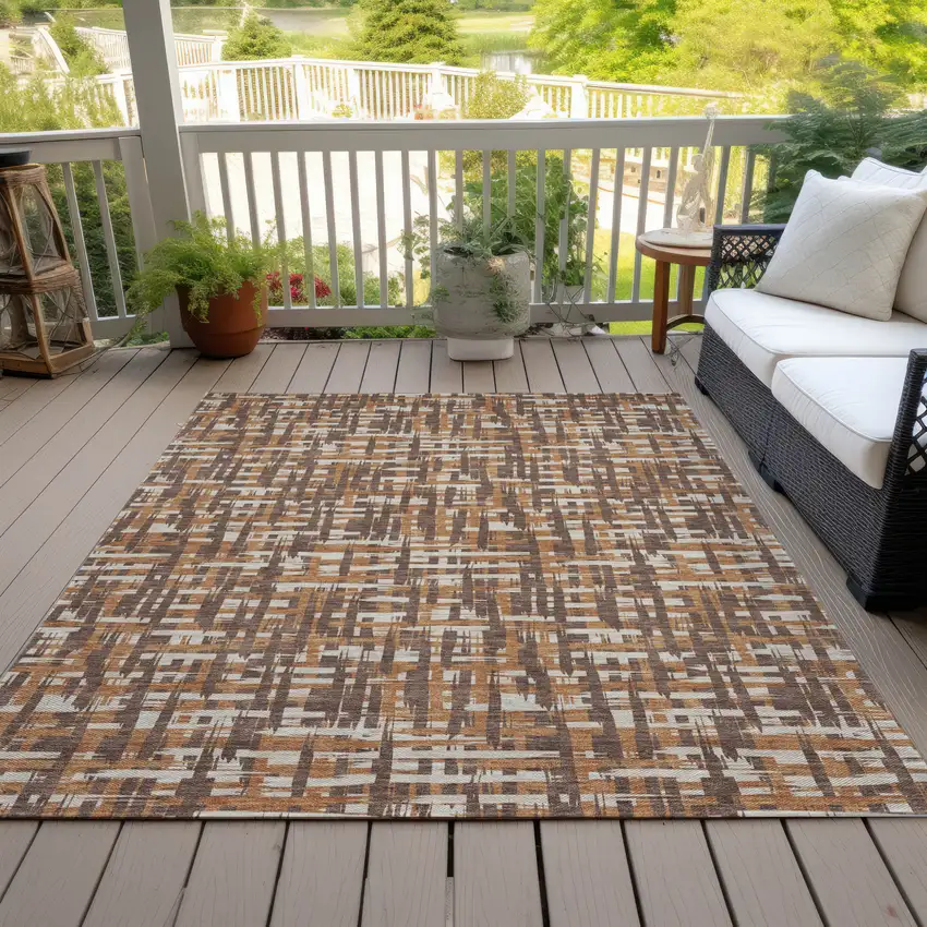 Chocolate Copper And Beige Abstract Washable Indoor Outdoor Area Rug Photo 7