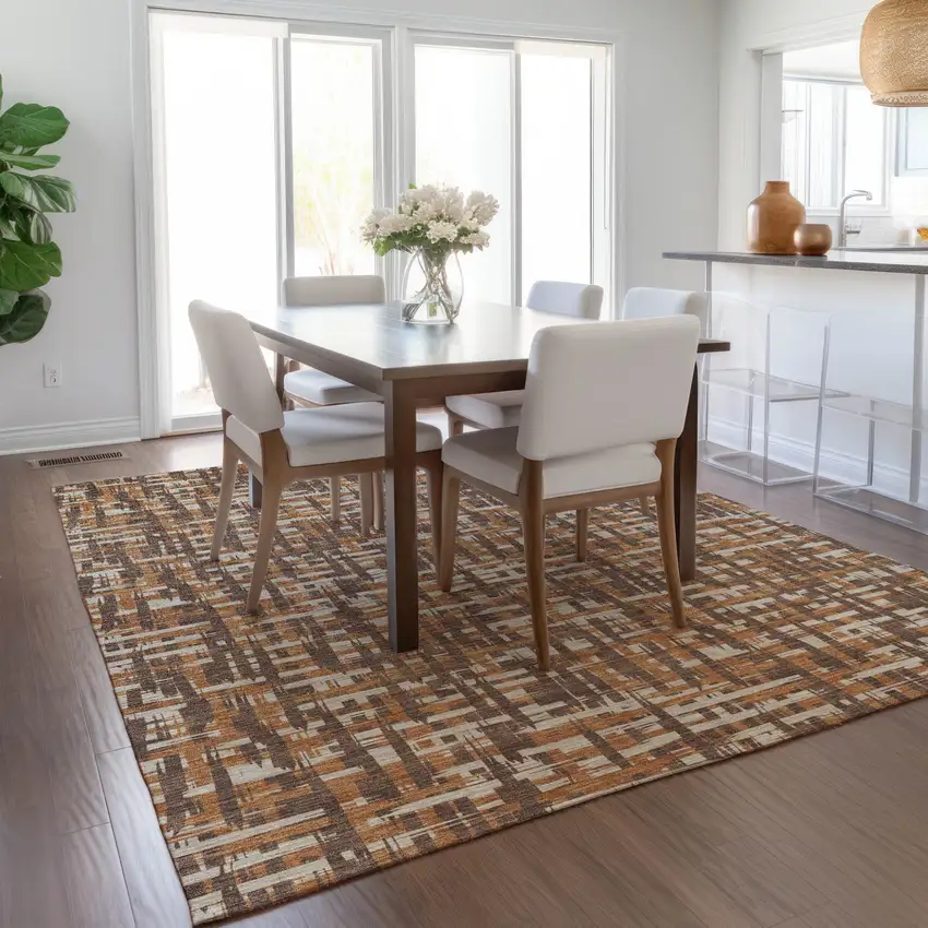 Chocolate Copper And Beige Abstract Washable Indoor Outdoor Area Rug Photo 9