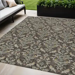 Photo of Chocolate Copper And Black Damask Washable Indoor Outdoor Area Rug