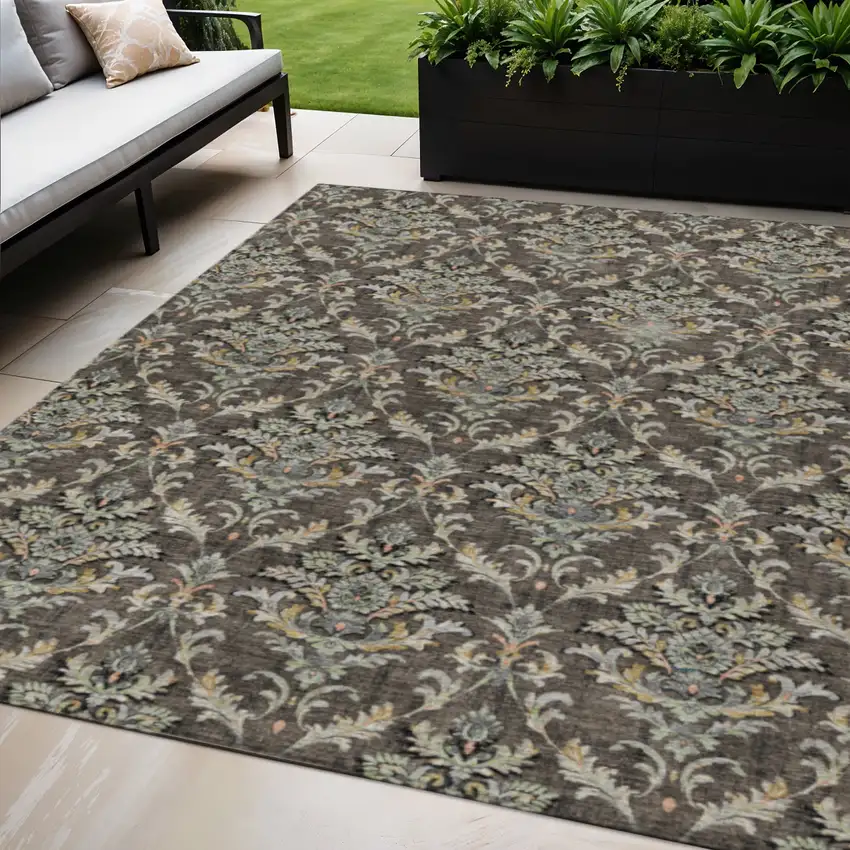 Chocolate Copper And Black Damask Washable Indoor Outdoor Area Rug Photo 1