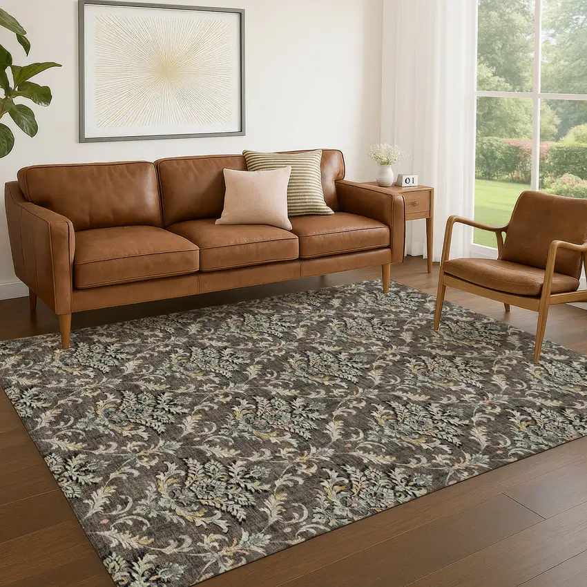 Chocolate Copper And Black Damask Washable Indoor Outdoor Area Rug Photo 8