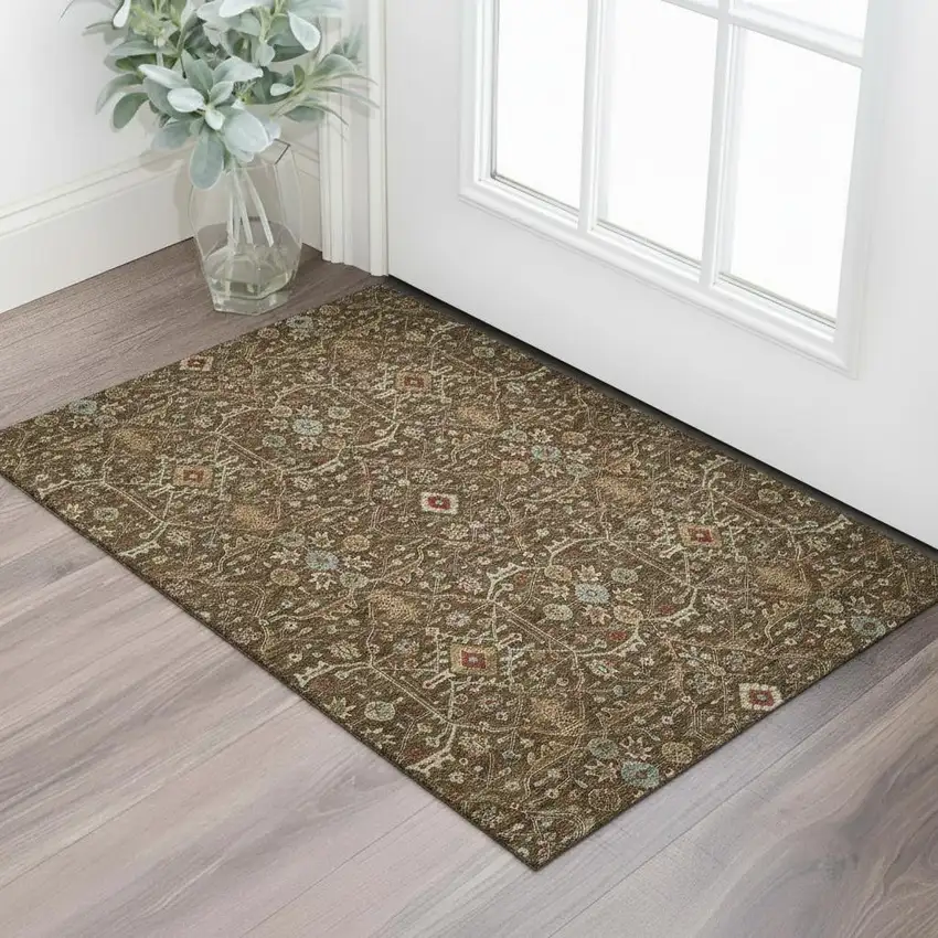 Chocolate Copper And Blue Oriental Washable Area Rug With UV Protection Photo 2