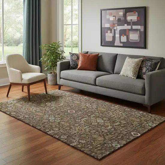 Chocolate Copper And Blue Oriental Washable Area Rug With UV Protection Photo 2