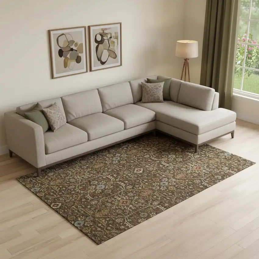 Chocolate Copper And Blue Oriental Washable Area Rug With UV Protection Photo 2