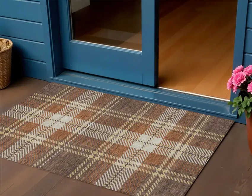Chocolate Copper And Gold Plaid Washable Indoor Outdoor Area Rug Photo 1