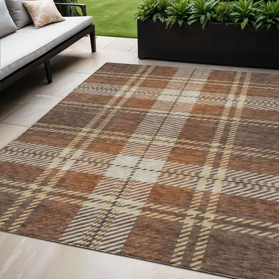 Chocolate Copper And Gold Plaid Washable Indoor Outdoor Area Rug Photo 1