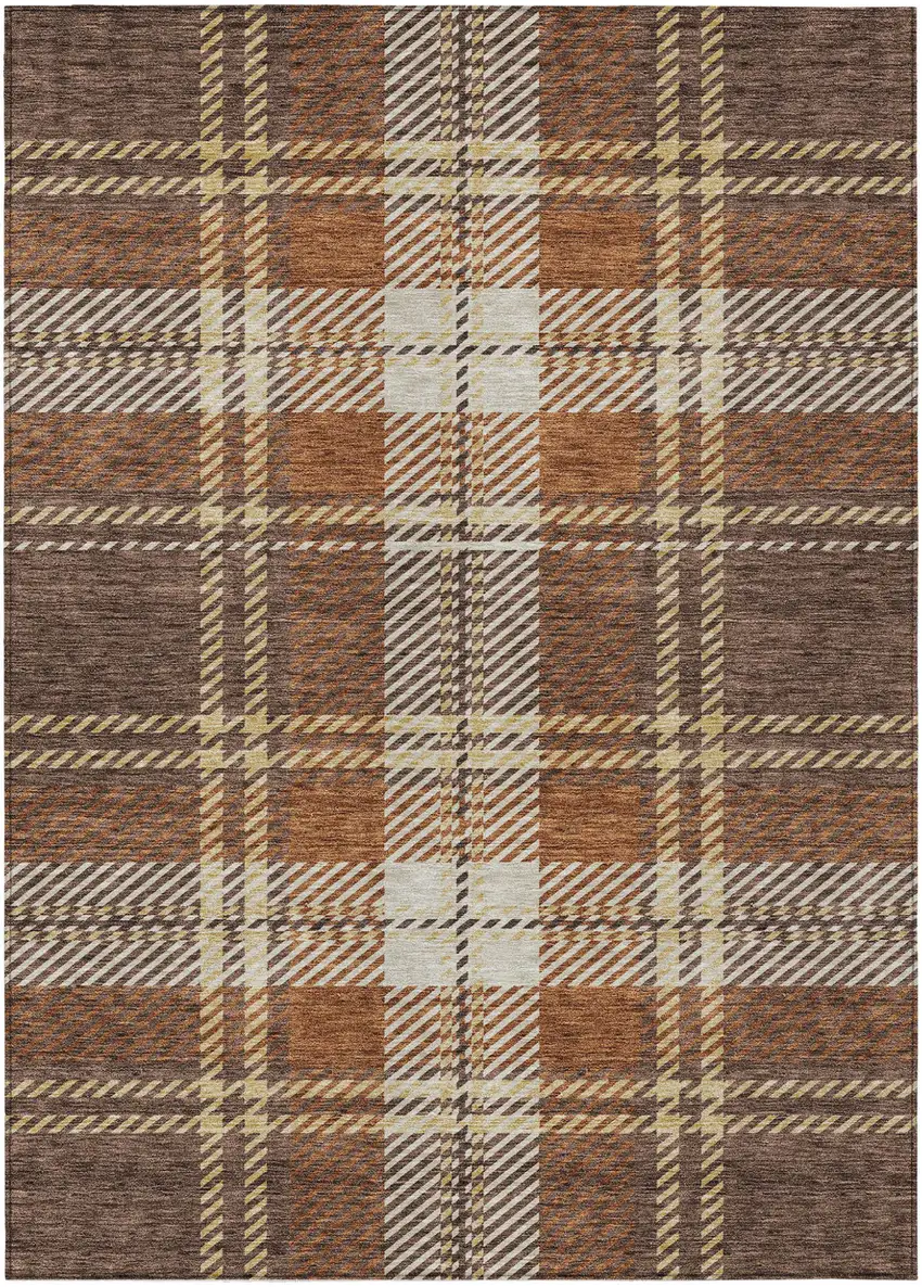 Chocolate Copper And Gold Plaid Washable Indoor Outdoor Area Rug Photo 2