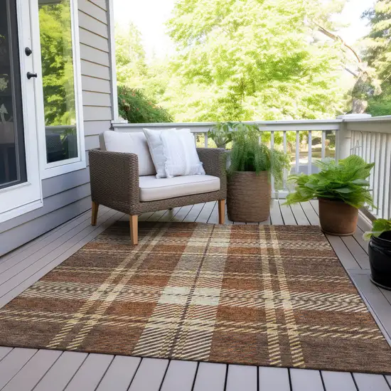 Chocolate Copper And Gold Plaid Washable Indoor Outdoor Area Rug Photo 8