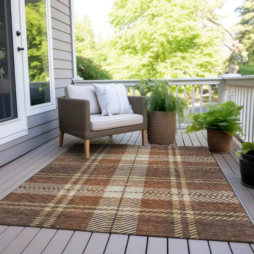 Chocolate Copper And Gold Plaid Washable Indoor Outdoor Area Rug Photo 8