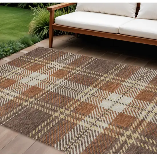 Chocolate Copper And Gold Plaid Washable Indoor Outdoor Area Rug Photo 1