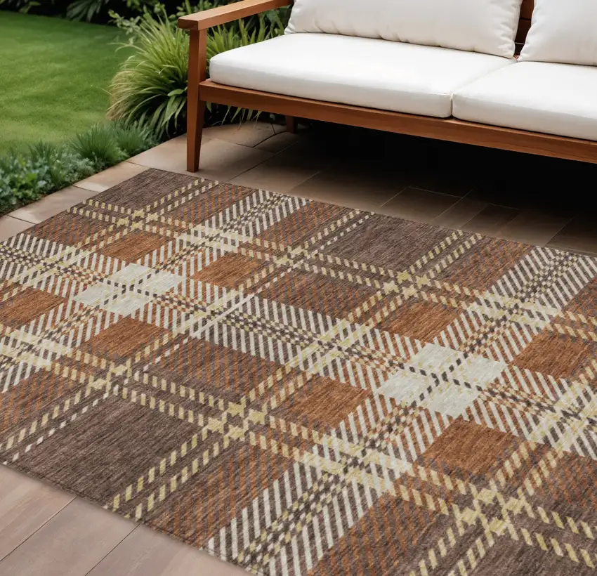 Chocolate Copper And Gold Plaid Washable Indoor Outdoor Area Rug Photo 1