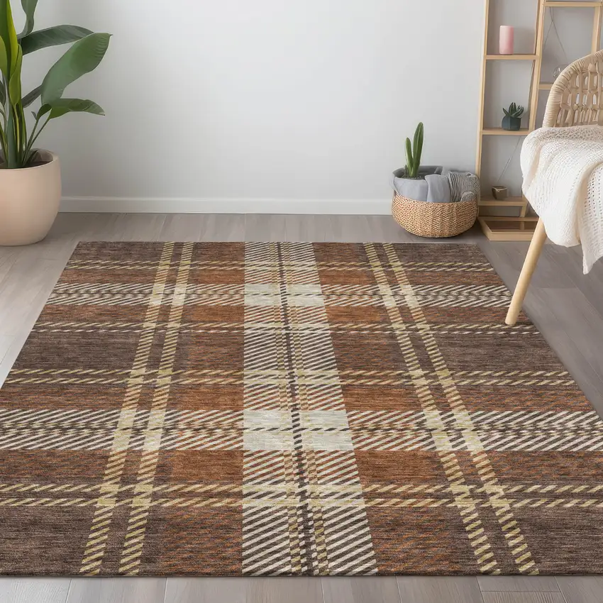 Chocolate Copper And Gold Plaid Washable Indoor Outdoor Area Rug Photo 9