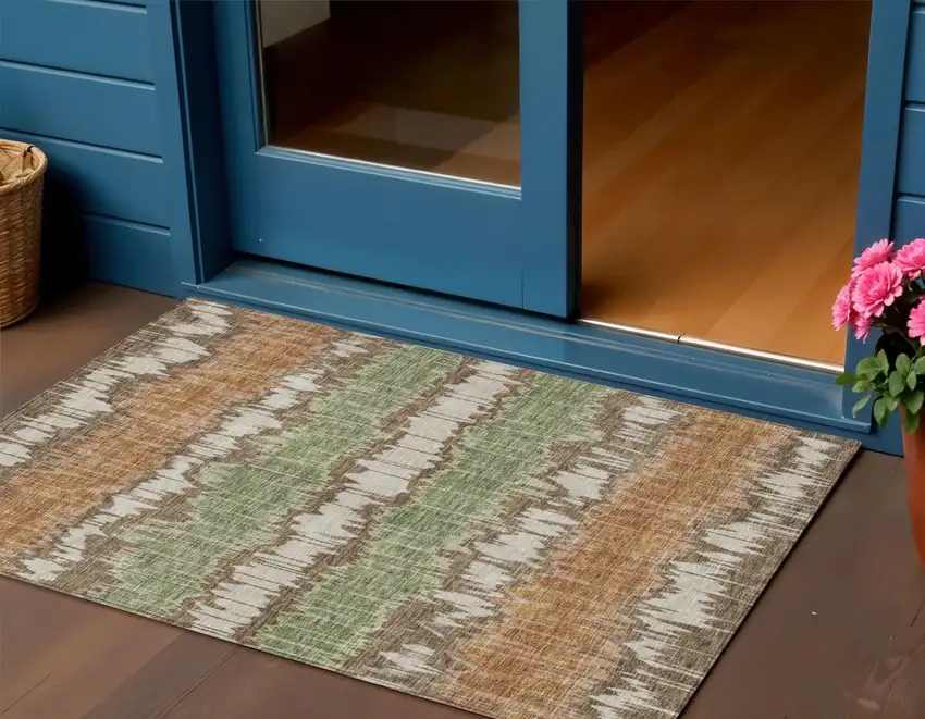 Chocolate Copper And Green Striped Washable Indoor Outdoor Area Rug Photo 1
