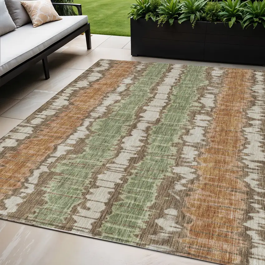 Chocolate Copper And Green Striped Washable Indoor Outdoor Area Rug Photo 1