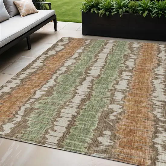 Chocolate Copper And Green Striped Washable Indoor Outdoor Area Rug Photo 1