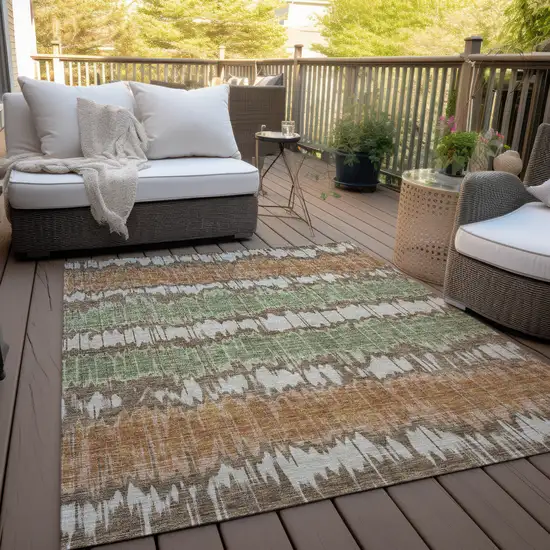 Chocolate Copper And Green Striped Washable Indoor Outdoor Area Rug Photo 9