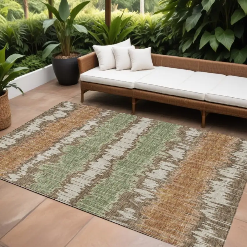 Chocolate Copper And Green Striped Washable Indoor Outdoor Area Rug Photo 1