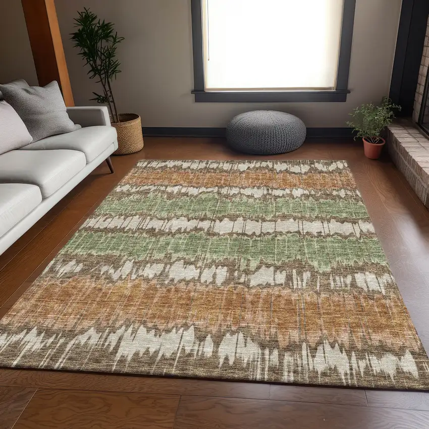 Chocolate Copper And Green Striped Washable Indoor Outdoor Area Rug Photo 8