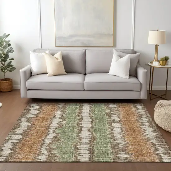 Chocolate Copper And Green Striped Washable Indoor Outdoor Area Rug Photo 9