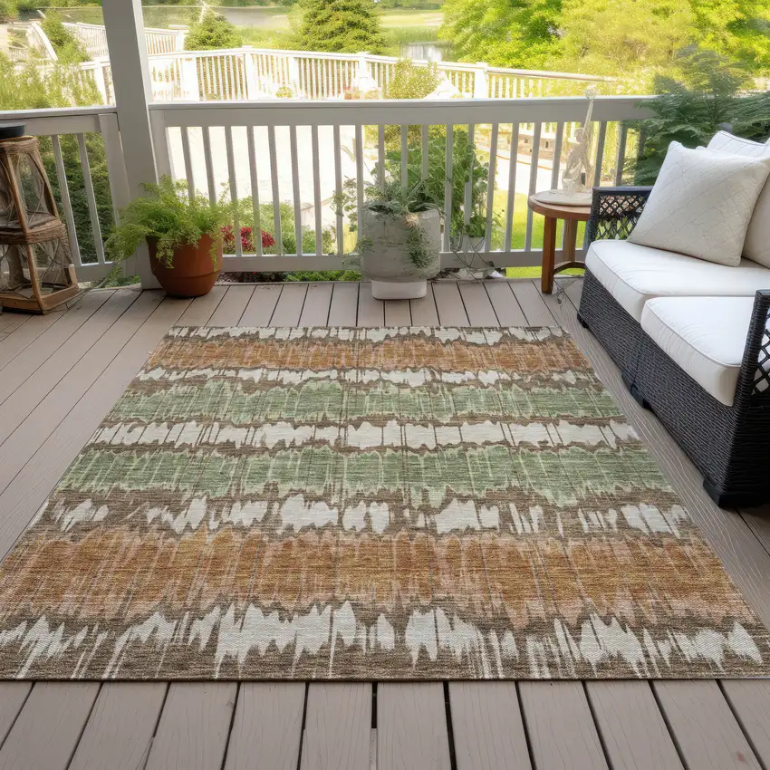 Chocolate Copper And Green Striped Washable Indoor Outdoor Area Rug Photo 8