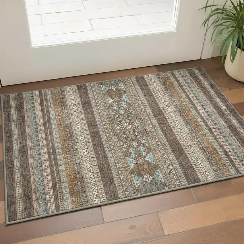 Chocolate Copper And Ivory Southwestern Washable Area Rug With UV Protection Photo 2