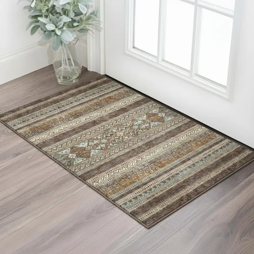 Chocolate Copper And Ivory Southwestern Washable Area Rug With UV Protection Photo 3