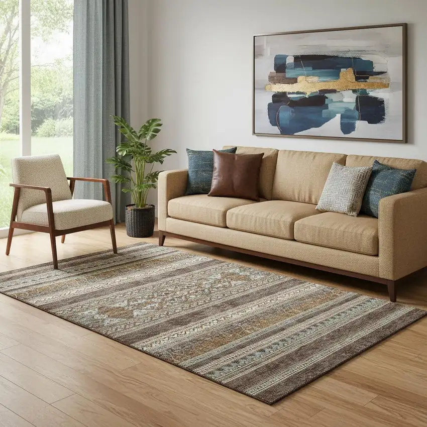 Chocolate Copper And Ivory Southwestern Washable Area Rug With UV Protection Photo 1