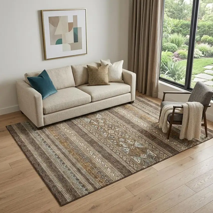 Chocolate Copper And Ivory Southwestern Washable Area Rug With UV Protection Photo 1