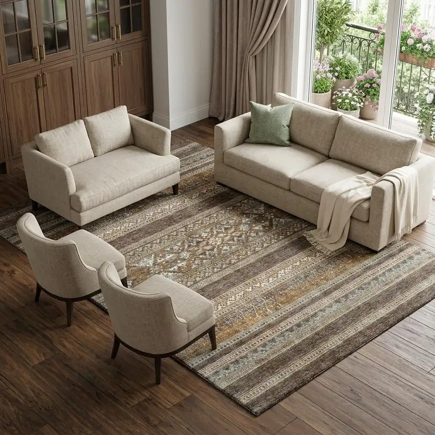 Chocolate Copper And Ivory Southwestern Washable Area Rug With UV Protection Photo 1