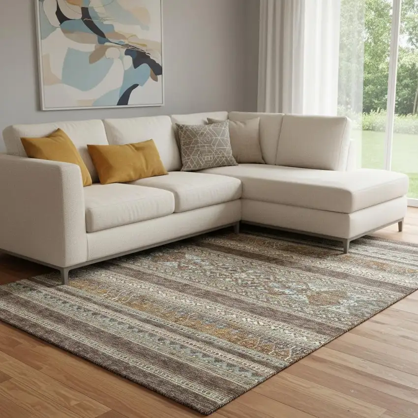 Chocolate Copper And Ivory Southwestern Washable Area Rug With UV Protection Photo 1