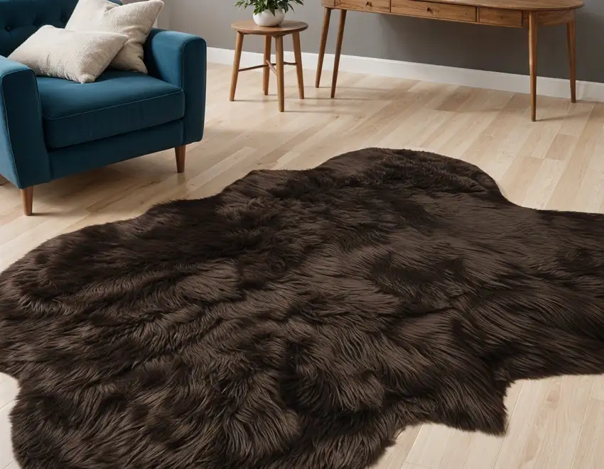 Chocolate Faux Sheepskin Flokati Washable Non Skid Area Rug Photo 1