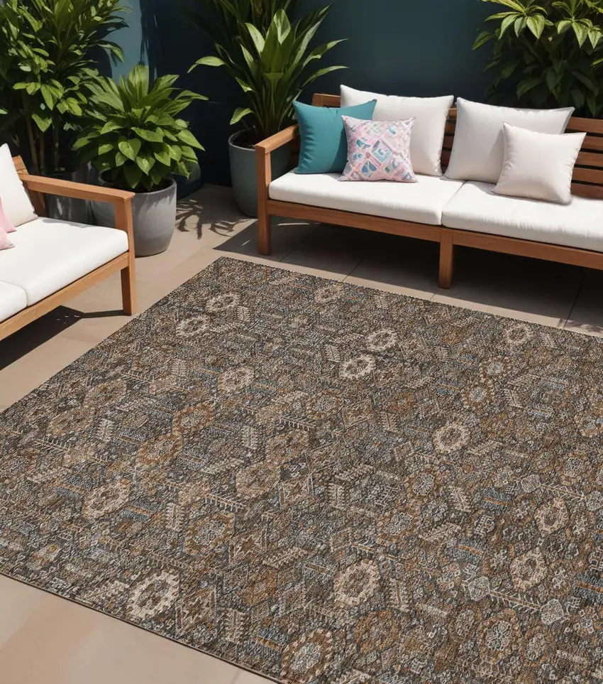 Chocolate Floral Washable Non Skid Indoor Outdoor Area Rug Photo 1