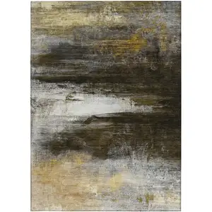 Photo of Chocolate Gold And Beige Abstract Washable Indoor Outdoor Area Rug