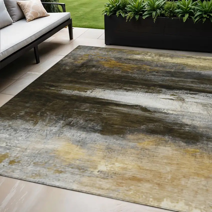 Chocolate Gold And Beige Abstract Washable Indoor Outdoor Area Rug Photo 2