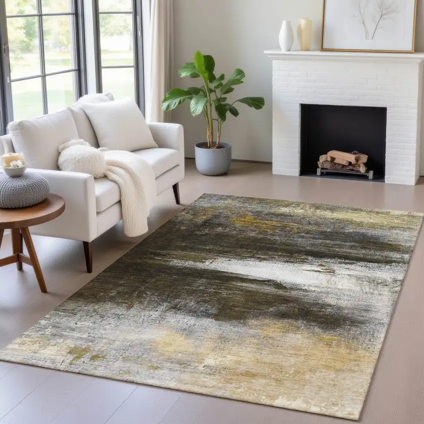 Chocolate Gold And Beige Abstract Washable Indoor Outdoor Area Rug Photo 6