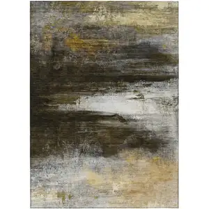 Photo of Chocolate Gold And Beige Abstract Washable Indoor Outdoor Area Rug