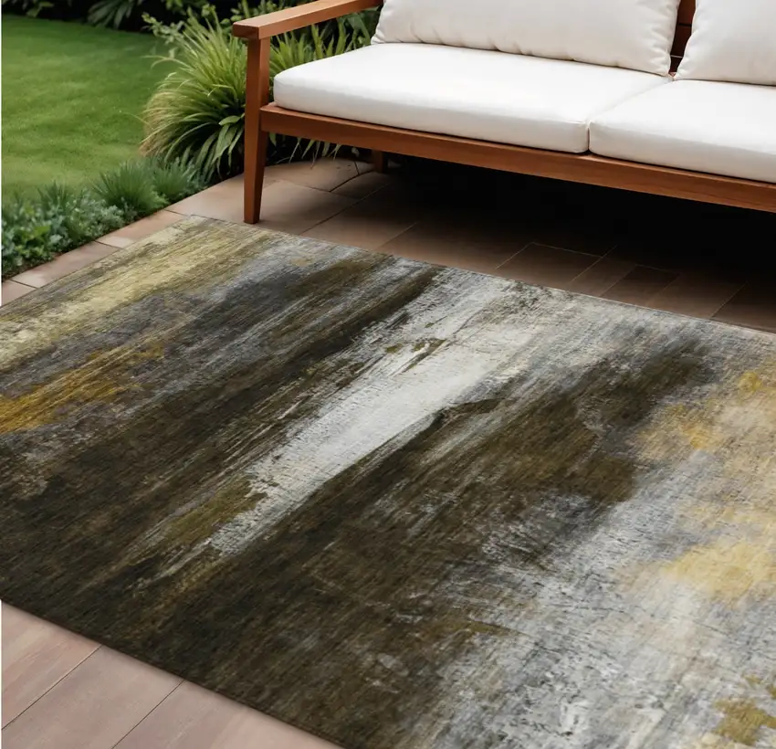 Chocolate Gold And Beige Abstract Washable Indoor Outdoor Area Rug Photo 2