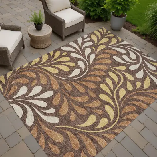 Chocolate Gold And Beige Botanical Leaves Washable Indoor Outdoor Area Rug Photo 7