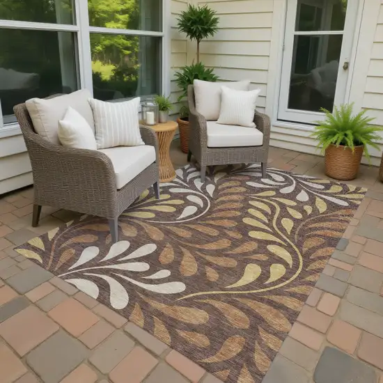 Chocolate Gold And Beige Botanical Leaves Washable Indoor Outdoor Area Rug Photo 3